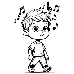 Cartoon Boy Enjoying Music with Notes Floating Around Him
