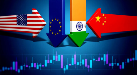 Arrows with country flags and stock market chart showing economic trends and global market analysis