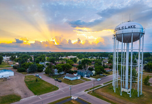 Scenic view of Devils Lake Water Tower at golden sunset light