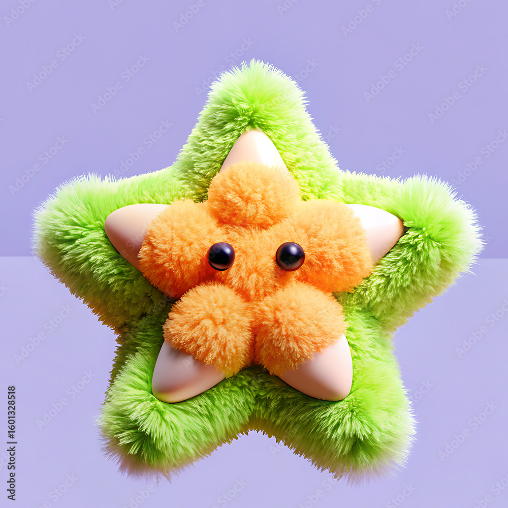 Fototapete a fluffy green star with an orange flower in the center against a light purple background image view