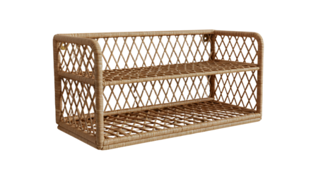 Stylish woven rattan shelf with two spacious tiers, ideal for organizing home decor or displaying plants, set against a neutral backdrop