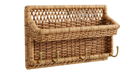 Obraz premium Woven wall organizer with hooks, perfect for entryway storage, showcasing a natural aesthetic in a cozy home environment