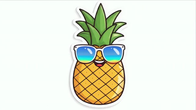 Cartoonish pineapple wearing sunglasses with colorful reflection, white background