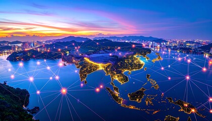 Panoramic view of Asia at twilight, interconnected by a network