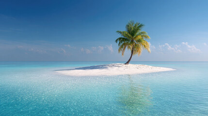 A single palm tree on a small white sand island surrounded by turquoise water under a clear blue sky