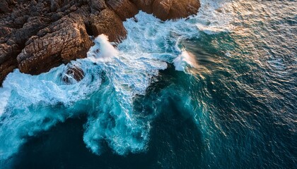 turquoise ocean waves pounding rocky coastline from above revealing dramatic seascape with powerful natural energy