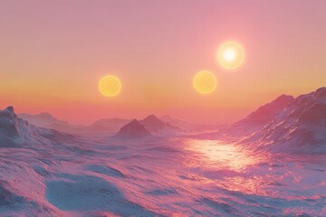 Fototapeta premium Bright alien environment with exotic relief and three suns