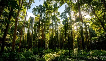 Sunlight filtering through a reflective forest