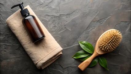 Photo of a dark amber glass bottle with a black pump dispenser rests on a folded beige towel next to a wooden hairbrush with natural bristles and green leaves
