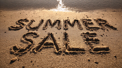 Fototapeta premium Summer Sale Message Written Boldly in Sand Across Wide Format – Perfect for Seasonal Website Banners or Digital Ads