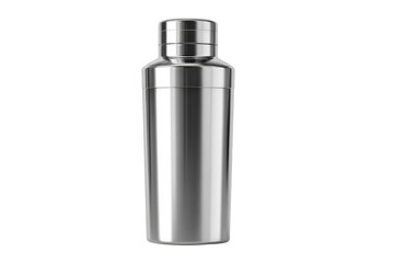 A tall silver cocktail shaker with a silver top