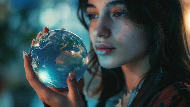 Concerned woman with globe, ecology, environmentalist theme.