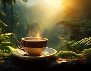 cup of coffe background of a jungle of the nature generative ai