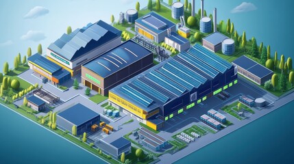 Isometric 3D concept of a solar-powered industrial complex featuring automated logistics systems and green rooftops, representing futuristic eco-friendly infrastructure and sustainable design.