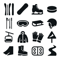 Winter sports silhouette icon set. containing skiing, snowboarding, ice skating, sledding, hockey, and more.
