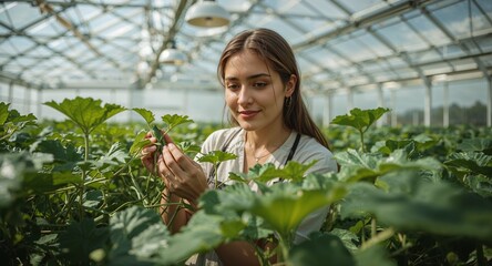 A woman in a greenhouse examining plants with large green leaves under a glass roof structure