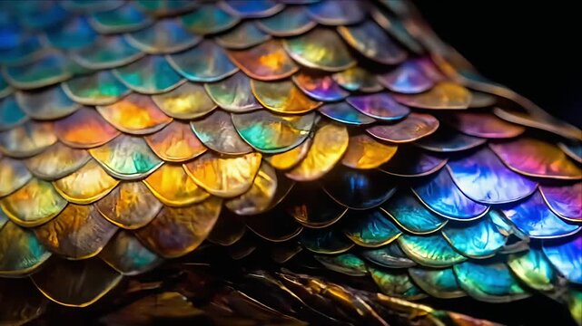 Close-up of layered, iridescent scales in shades of blue, green, and gold