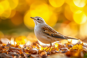 Beautiful bird perched on autumn leaves with warm, glowing background
