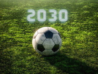Soccer ball on a green field with a futuristic 2030 digital overlay