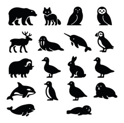 Fototapeta premium Arctic animals silhouette icon set. featuring bear, fox, owl, seal, walrus, narwhal, owl, penguin, whale, and more.