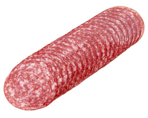 Salami slices, smoked Sausage, isolated on white background, full depth of field