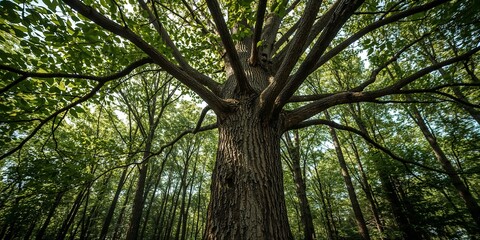 Obraz premium A low angle shot of a large tree with many branches in a forest during the daytime in the summer