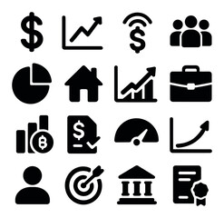 Business silhouette icon set. includes money, chart, team, graph, briefcase, bitcoin, home, bank, certificate.