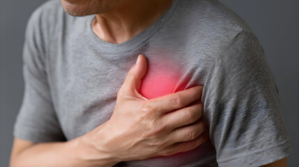 Close up Man&rsquo;s hand Experiencing Chest Pain,Possible Symptoms Heart Attack,Cardiovascular Disease with red spot