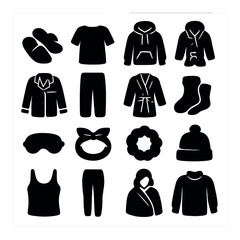 Sleepwear silhouette icon set. includes pajamas, slippers, hoodie, socks, robe, eye mask, and beanie.