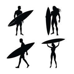 Four surfer silhouettes holding surfboards isolated on white background