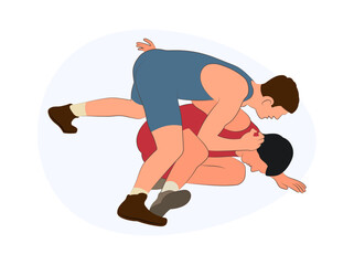 Two wrestlers in a Greco Roman wrestling competition, a fight