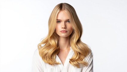 Fototapeta premium Retrato profesional de una joven mujer de negocios o estudiante con cabello rubio y camisa blanca, mirando seriamente a la cámara con una expresión de confianza sobre un fondo blanco.