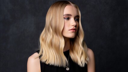 Retrato de moda de una mujer joven y elegante con una expresión serena y pensativa, mirando a un lado sobre un fondo de estudio oscuro con textura