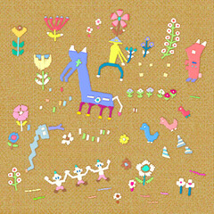 Obraz premium Colorful Pastel Whimsical Folk Garden on Fabric , naive art, Cozy embroidery style . 