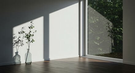 Obraz premium Sunlight Casting Shadows in Minimalist Interior with Greenery