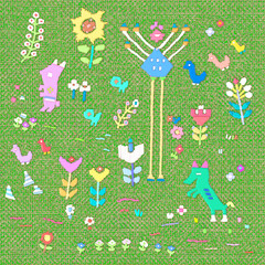 Colorful Pastel Whimsical Folk Garden on Fabric , naive art, Cozy embroidery style . 
