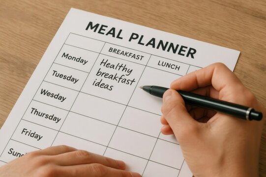 Person writing meal ideas on a planner, focusing on healthy breakfast options for the week. Organized approach to meal preparation - Powered by Adobe