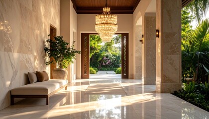 Fototapeta premium Elegant Home Interior with Open Door and Lush Garden View