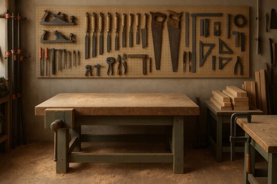 Various woodworking tools organized on a pegboard above a workbench covered in sawdust in a carpentry workshop, showcasing craftsmanship and woodworking skills