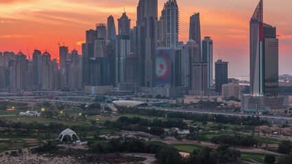 Dubai Marina skyscrapers and golf course sunset timelapse, Dubai, United Arab Emirates