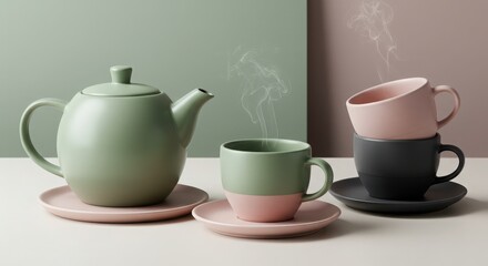 Fototapeta premium Elegant Minimalist Teapot and Cups with Steam on Pastel Backgrounds