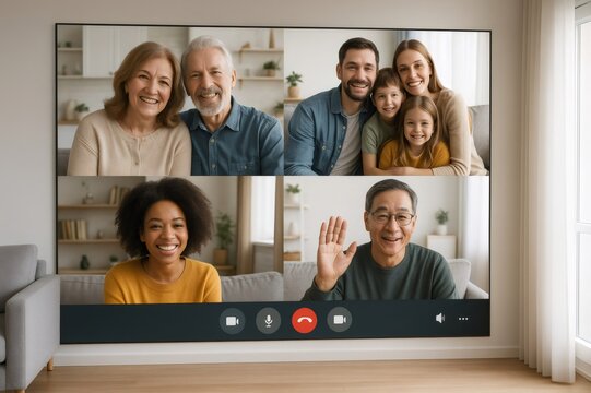 Diverse families smiling and waving during a video call on a large screen, enjoying virtual communication and connection - Powered by Adobe