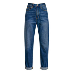 Fashion forward high waisted blue jeans with a trendy faded texture and rolled cuffs perfect for a stylish and casual look