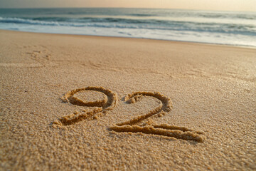 Number 92 Written by Hand in Light Beach Sand with Thin Lines and Soft Pastel Tones in a Calm Ocean Landscape