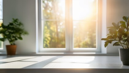 blurred morning sunlight in bright white room with large window