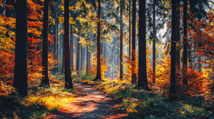 Fototapeta premium Serene autumn forest with sunlit path and vibrant fall foliage