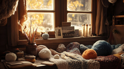 A cozy knitting corner with yarn balls, needles, and handmade scarves