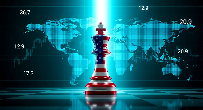 American flag chess king piece on a chessboard with a world map and financial data in the background
