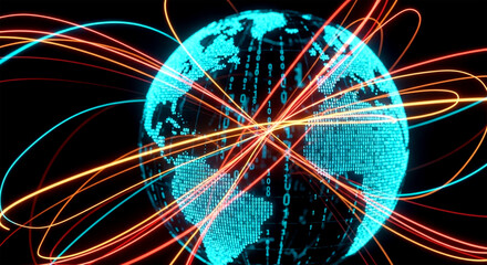 Digital earth globe with binary code texture and glowing network lines on a black background