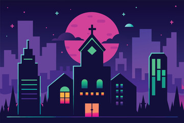 cyberpunk halloween night with neon lights  vector background